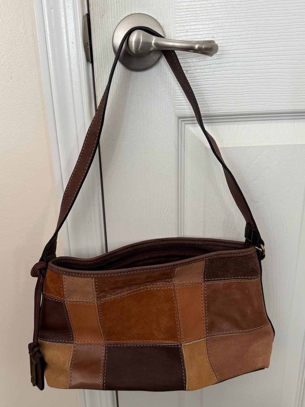Vintage Fossil Patchwork Shoulder Bag Leather Suede Brown Tan Boho Y2K 90s Hobo